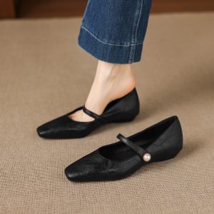 Korean Style Women's Flat Shoes Square Toe Buckle Strap