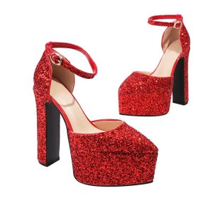 Sequin Pointed Toe Closed Toe Sandals with Chunky Heel and Platform