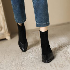 Suede Pointed Toe Chunky Heel Ankle Boots with Back Zip - Style a.html