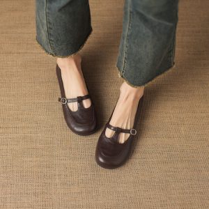 Women's Fashion Flat Shoes Low Heel Round Toe T-Strap Solid Casual
