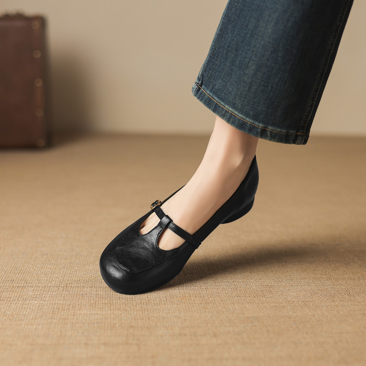 Women's Fashion Flat Shoes Low Heel Round Toe T-Strap Solid Casual - Image 4