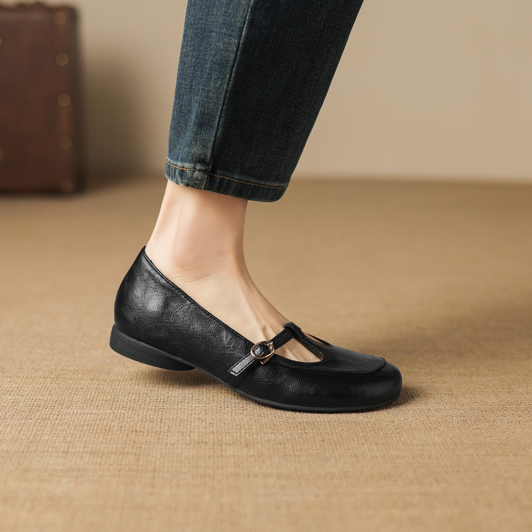 Women's Fashion Flat Shoes Low Heel Round Toe T-Strap Solid Casual - Image 5