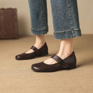 Women's Fashion Flat Shoes with Buckle Strap Low Heel Round Toe