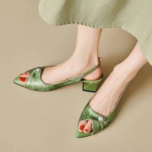Women's Leather Closed Toe Slippers with Chunky Mid Heel - Style o.html