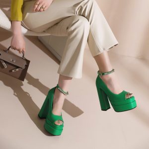 Women's Peep Toe Chunky Heel Platform Sandals with Beading