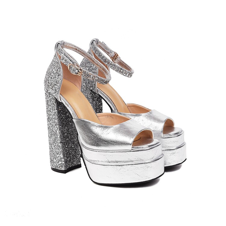 Women's Peep Toe Chunky Heel Platform Sandals with Sequins - Style e.html - Image 4