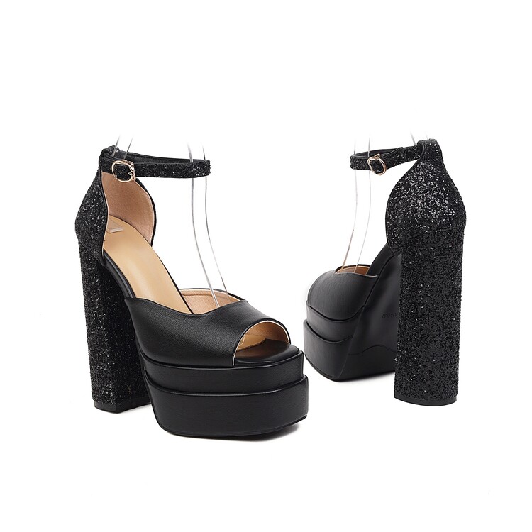Women's Peep Toe Chunky Heel Platform Sandals with Sequins - Style e.html - Image 5
